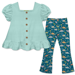 Kids Mint Puff-Sleeve Top & Primo Dino Flare Leggings
