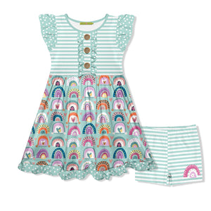 Kids Mint Rainbow Button-Front Dress & Stripe Shorts