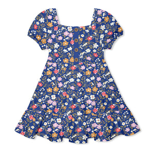 Kids Navy Beatrice Floral Ruffle-Hem A-Line Dress