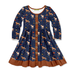 Kids Navy Boho Horses Button-Front A-Line Dress