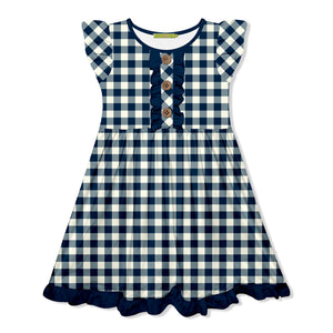 Kids Navy & Cream Check Button-Front Angel-Sleeve Dress
