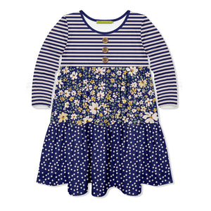 Kids Navy Floral Tiered Button-Front Dress
