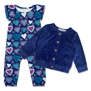 Kids Navy Hearts Cap-Sleeve Playsuit & Navy Cardigan