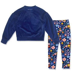 Kids Navy Ribbed Velour Sweatshirt & Wonder Floral Leggings