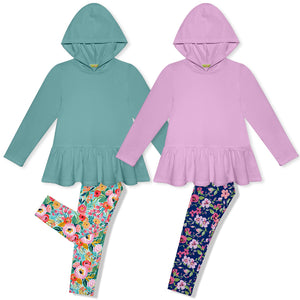 Kids Nile Blue & Lilac Ruffle-Hem Hoodie & Floral Leggings Set
