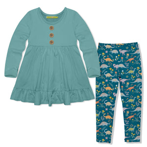 Kids Nile Blue Long-Sleeve Babydoll Top & Primo Dino Leggings