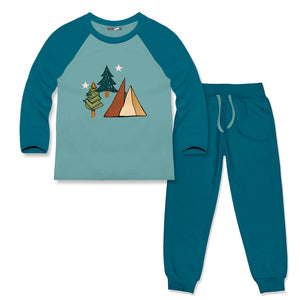 Kids Nile Blue & Teal Camping Long-Sleeve Raglan Tee & Joggers
