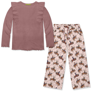 Kids Nostalgia Rose Ribbed Long-Sleeve Top & Rodeo Wide-Leg Pants