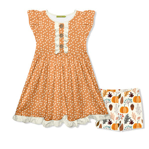 Kids Orange Dot Button-Front Dress & Pumpkin Shorts