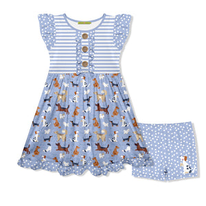 Kids Periwinkle Dog Park Button-Front Dress & Dot Shorts
