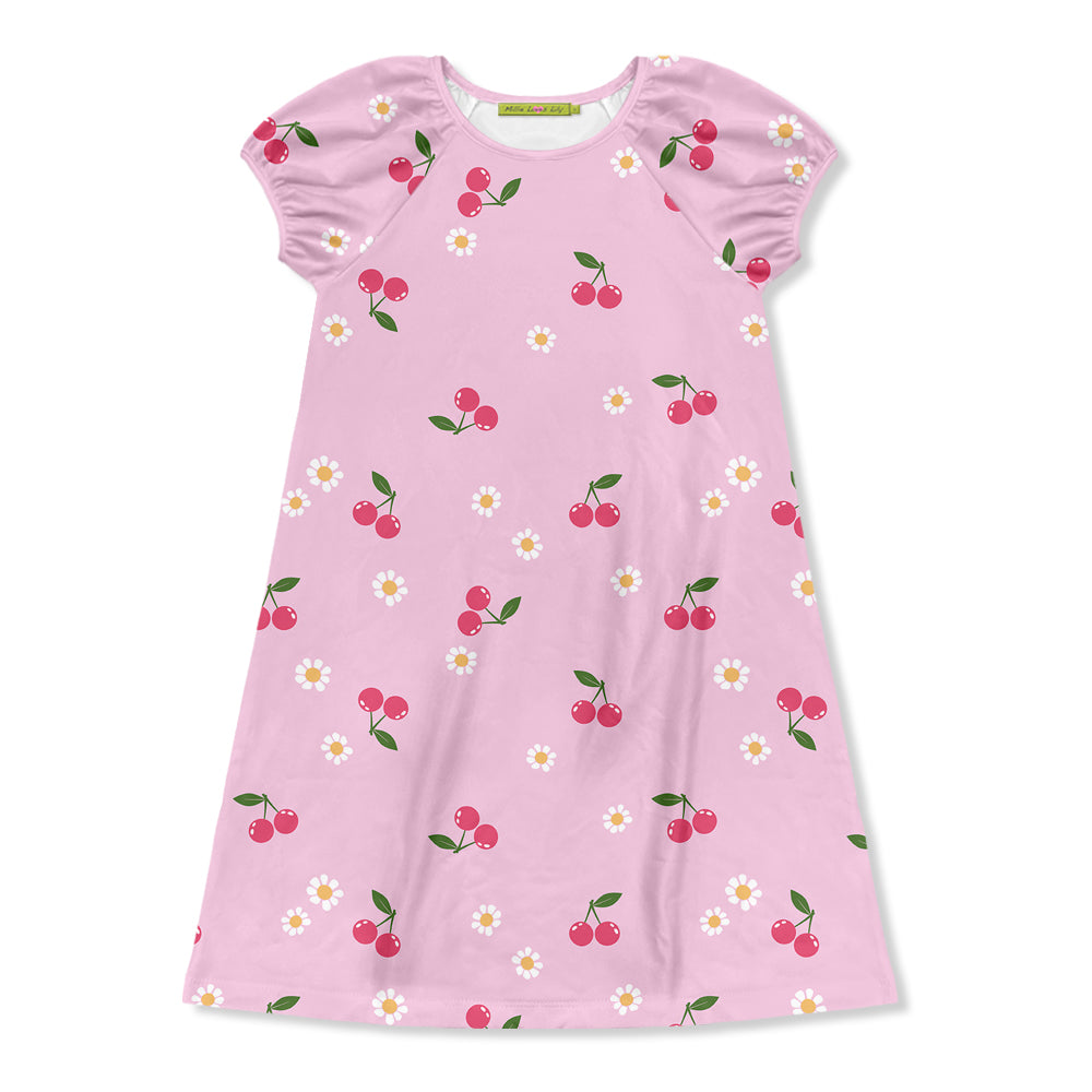 Children's Pink short sleeve dress with cherry and flower pattern on a white background, front