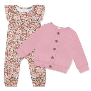 Kids Pink Deerest Cap-Sleeve Playsuit & Pink Cardigan