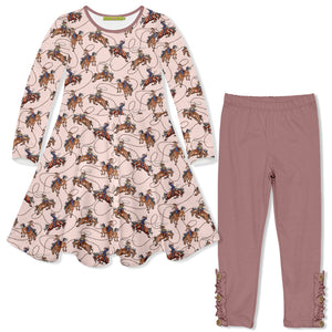 Kids Pink Rodeo Long-Sleeve Dress & Nostalgia Rose Leggings Set, Front