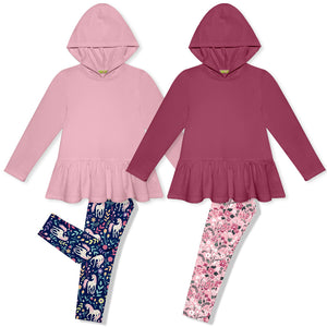 Kids Pink & Slate Rose Ruffle-Hem Hoodie & Lucky Unicorn Leggings Set