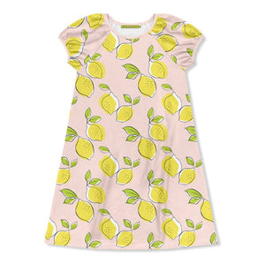 Girls Pink short sleeve dress with lemon pattern on a white background