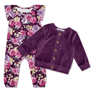 Kids Plum Prime Floral Cap-Sleeve Playsuit & Plum Cardigan