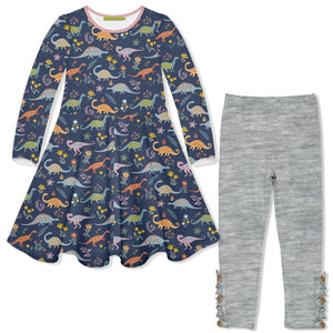 Kids Primo Dino Yoke Long-Sleeve Dress & Gray Button Leggings