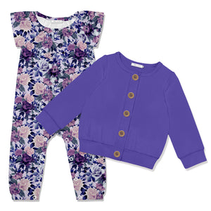 Kids Purple Fame Floral Cap-Sleeve Playsuit & Blue Iris Cardigan