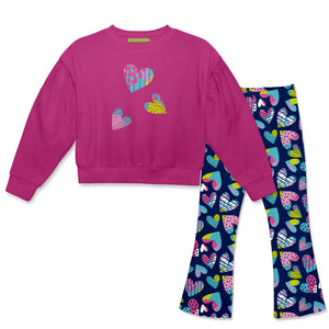 Kids Rose Violet Crewneck Sweatshirt & Hearts Flare Leggings