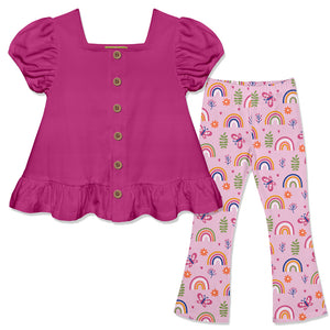 Kids Rose Violet Puff-Sleeve Top & Rainbow Garden Flare Leggings