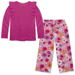 Kids Rose Violet Ribbed Long-Sleeve Top & Firefly Floral Wide-Leg Pants