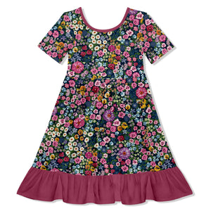 Kids Slate Rose Floral Fashion Ruffle-Hem Dress