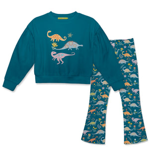 Kids Teal Crewneck Sweatshirt & Primo Dino Flare Leggings