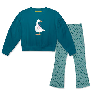 Kids Teal Duck Crewneck Sweatshirt & Dots Flare Leggings