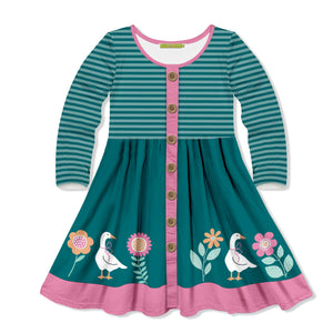 Kids Teal Ducks Border Button-Front A-Line Dress