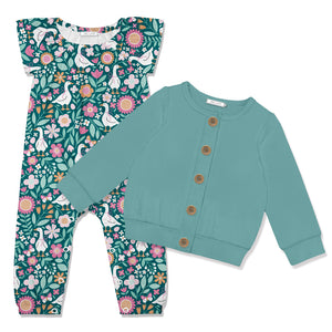 Kids Teal Ducks Cap-Sleeve Playsuit & Nile Blue Cardigan