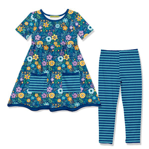 Kids Teal Forever Floral Pocket A-Line Dress & Stripe Leggings