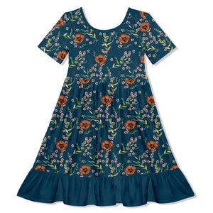 Kids Teal Poppy Floral Ruffle-Hem Dress