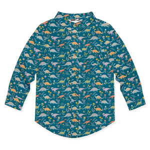Kids Teal Primo Dino Long-Sleeve Button-Up