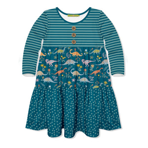 Kids Teal Primo Dino Tiered Button-Front Dress
