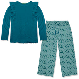 Kids Teal Ribbed Long-Sleeve Top & Dot Wide-Leg Pants