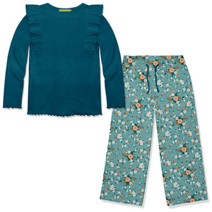 Kids Teal Ribbed Long-Sleeve Top & Floral Garden Wide-Leg Pants