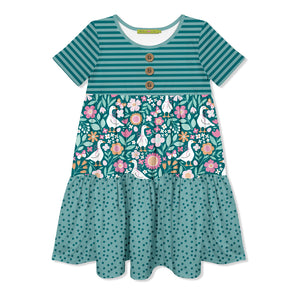 Kids Teal Stripe Ducks Tiered Button-Front Dress