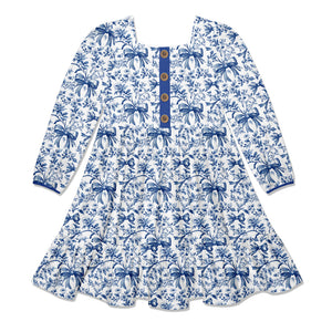 Kids White & Blue Bows Square-Neck Button-Front Tiered Dress