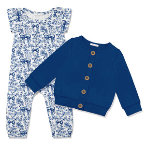 Kids White Bows Cap-Sleeve Playsuit & Cobalt Cardigan
