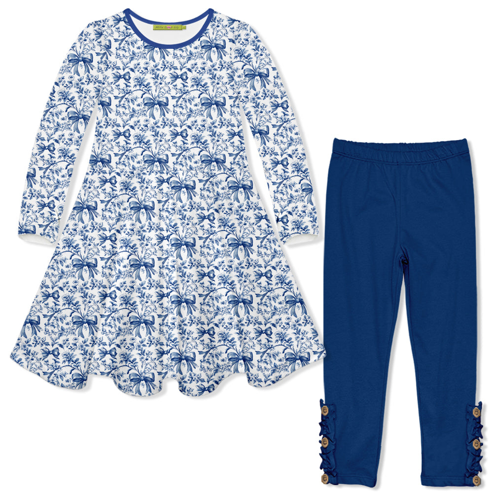 Ttd Button Kids White Bows Yoke Long-Sleeve Dress & Navy Button Leggings ...