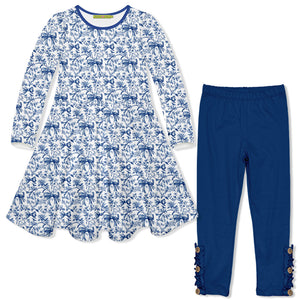 Kids White Bows Yoke Long-Sleeve Dress & Navy Button Leggings