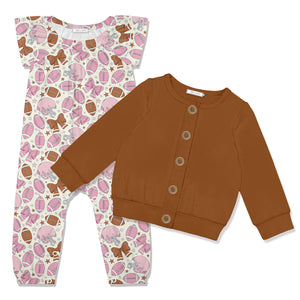 Kids White Football & Bows Cap-Sleeve Playsuit & Caramel Cafe Cardigan