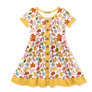 Kids White & Gold Leaves Button-Up A-Line Dress
