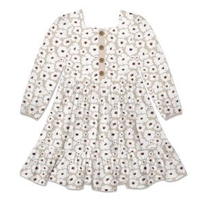 Kids White Mini Flower Square-Neck Button-Front Tiered Dress