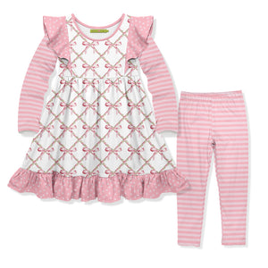 Kids White & Pink Bows Angel-Sleeve Dress & Stripe Leggings