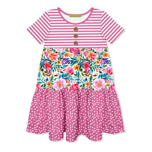 Kids White & Violet Becky Floral Tiered Button-Front Dress