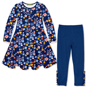 Kids Wonder Floral Long-Sleeve Dress & Navy Leggings Set, Front