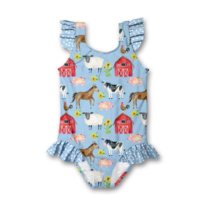 Kids Ice Blue Barnyard Ruffle - Accent One - Piece  Swimsuit on a white background, front- Millieloveslily.com