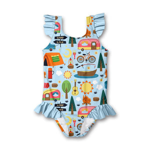 Kids Ice Blue Camping themed Ruffle - Accent One - Piece swimsuit on a white background, front- Millieloveslily.com