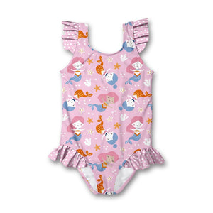 Kids Pink Mermaid Swim Ruffle - Accent One - Piece  Swimsuit on a white background, front- Millieloveslily.com